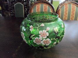 Handpainted Bowl/Planter Paneled Green Glass Decorated with Flowers [5 - £62.28 GBP