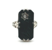 14k White Gold Art Deco Genuine Natural Black Onyx Ring w/Carved Flower (#J5413) - £264.00 GBP
