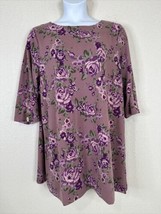 Denim &amp; Co. Womens Plus Size 2X Purple Floral Knit Tunic Top 3/4 Zipper Sleeve - £15.50 GBP