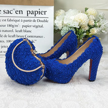 White Royal Blue Flower Wedding shoes and bags sets Ladies Platform shoes woman  - £138.26 GBP