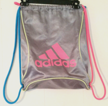 Adidas gym bag gray 18 in by 12 in, silver bag, pink and blue arm straps - $9.16