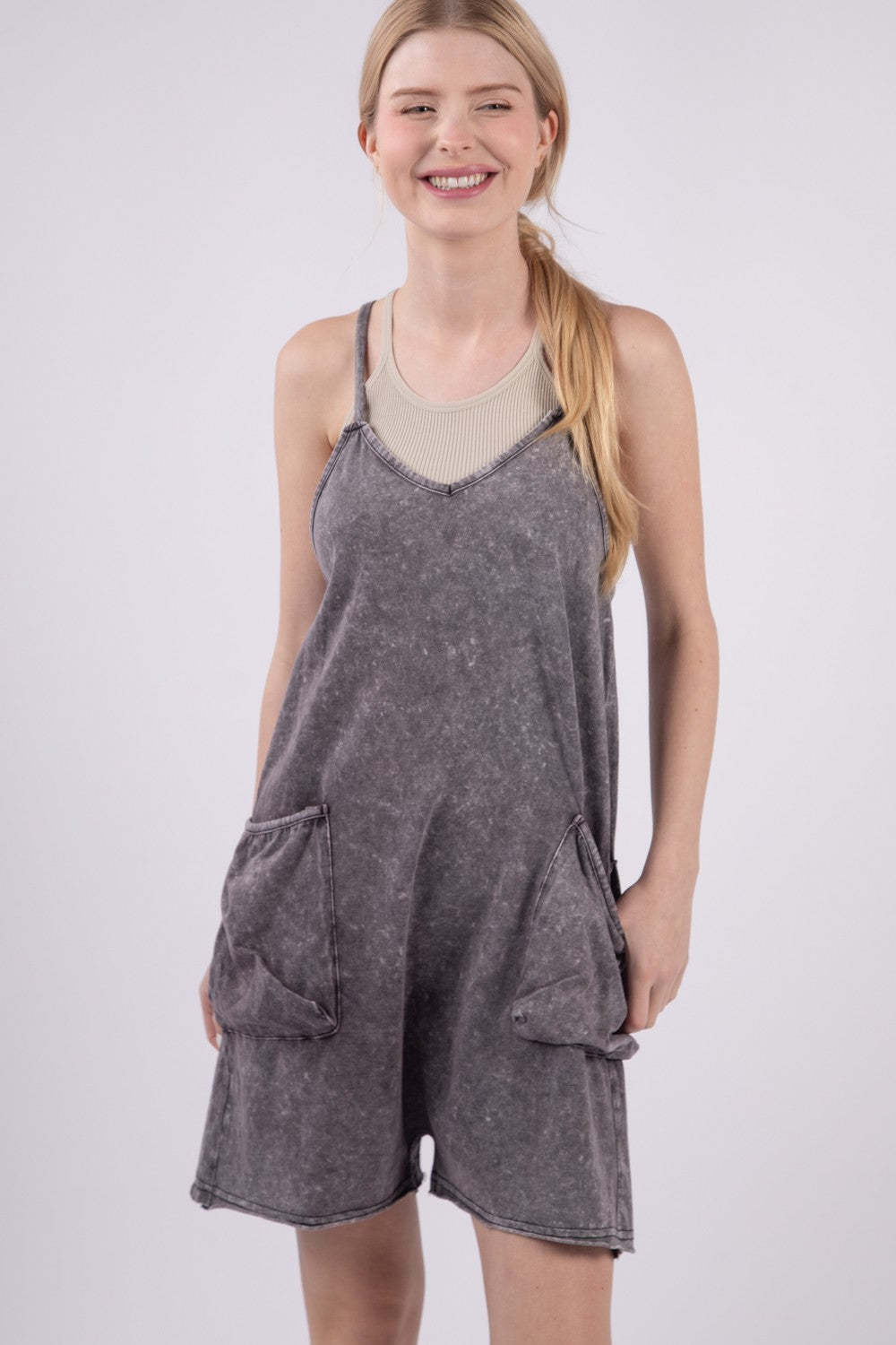VERY J V-Neck Sleeveless Washed Romper - $33.64
