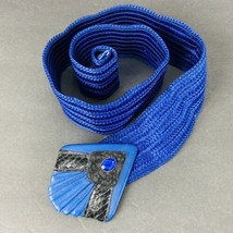 Waldorf Creations Vintage 80s Blue Weave Belt 43&quot; Miami Jeweled Leather Buckle - £15.81 GBP