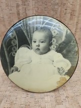 Antique CELLULOID PHOTO BUTTON Medallion Infant in Wicker Chair 6&quot; With ... - £46.71 GBP