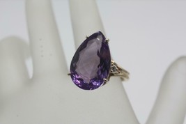 14K Yellow Gold Pear Shaped Large Amethyst Diamond Accent Ring Size 8.5 - £338.39 GBP