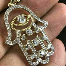 Cubic Zirconia 1.30Ct Round Cut Hamsa Hand Pendant 14kYellow Gold Silver Plated - £131.88 GBP