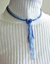 Shades of Blue Glass Seed Bead Tassel Necklace 1990s vintage 15&quot; - $12.30