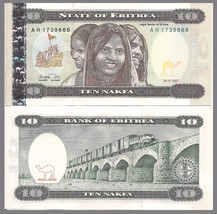 Eritrea P3, 10 Nafka,  1997, 3 woman, camel, women  /  truck, viaduct, U... - $1.99