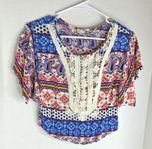 eyeshadow WOmens Sz XS Crop Top Shirt Angel Sleeve Lace Overlay Blue Red Pink - £7.39 GBP