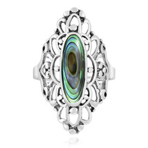 Cute Heart Filigree Oval Abalone Shell Sterling Silver Ring -10 - £18.98 GBP