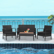 Patio Rattan Furniture Set 4 Pieces with Cushioned Chair and Wooden Tabletop - £208.44 GBP