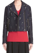 $695 NWT Jason Wu Metallic Embroidered Faces Crop Moto Jacket 2 Small Blue - £194.68 GBP