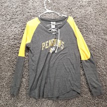 Pittsburgh Penguins Shirt Women Large Gray Long Sleeve Tie Front NHL Hockey - £8.03 GBP