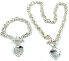 Heart Tag Thick Chain Link Toggle Necklace and Bracelet Set Silver - £15.14 GBP