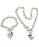 Heart Tag Thick Chain Link Toggle Necklace and Bracelet Set Silver - £14.89 GBP