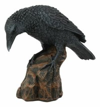Perching Raven On Rock Statue 5&quot; Tall Gothic Crow Scavenger Bird Decor Figurine - £22.13 GBP