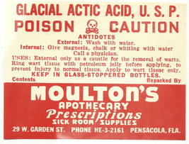 1 Vintage Gummed Label Glacial Actic Acid Wart Remove Poison Moultons Apothecary - £18.14 GBP