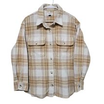 American Eagle Oversized Plaid Fleece Love Shacket Tan Pink Cream Med co... - $17.99