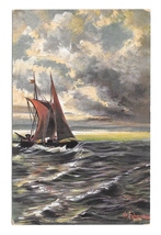 Seascape Artist Signed G. Fuhrmann Sailboat Red Sails Grey Seas ASM Post... - $6.69