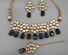 Bollywood Style Indian Kundan Choker Gold Plated Necklace Earrings Black Jewelry - £67.27 GBP