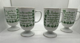 Vtg Irish Ceramic Coffee Mugs w/ Blessing Poem Shamrocks Pedestal Gold Set of 4 - £39.14 GBP