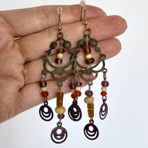 Boho Distressed Metal Glass Beads Chandelier Dangle Pierced Hook Earrings 3.5in - £7.81 GBP