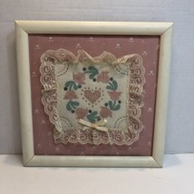Hearts Flowers Finished and Framed Embroidered Quilted 10.25&quot; x 10.25&quot; - $19.79