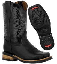 Kids Unisex Genuine Leather Western Wear Boots Black Square Toe Botas - £43.14 GBP