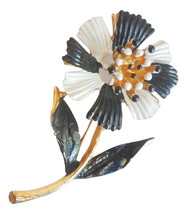 Vintage Trembler Brooch Flower Pin Jewelry Black White Gold Tone - £11.52 GBP