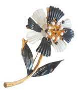Vintage Trembler Brooch Flower Pin Jewelry Black White Gold Tone - £11.40 GBP