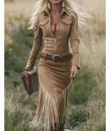 ⁹Vintage Western Cowgirl Extra Long Fringe Front Pocket Zip Up Faux Sued... - $61.95