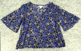 Tommy Bahama Womens Blouse Small Blue Floral V-Neck 3/4 Flare Sleeve Black Top - £12.37 GBP