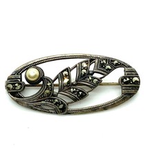 Antique Silver Signed 835 Art Deco Marcasite Leafy Style Oval Shape Broo... - £35.19 GBP