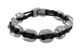 Zeckos Black Leather And Chrome Marine Link Bracelet 7 Inch - £11.35 GBP