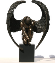 Winged Nude Angel Crouching On Plinth Cold Cast Bronze Statue 25.5cm / 10&#39; NEW - £135.35 GBP