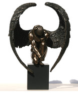 Winged Nude Angel Crouching On Plinth Cold Cast Bronze Statue 25.5cm / 1... - £135.30 GBP