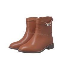 Metal 3D Buckle Boots New Winter Women Square Design Booties Flat Low Heel Black - £135.21 GBP