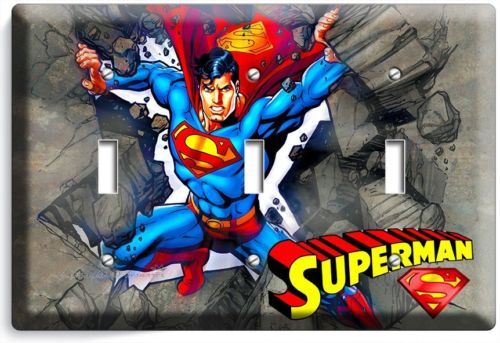 SUPERMAN CARTOON COMICS TRIPLE LIGHT SWITCH WALL PLATE COVER BOYS BEDROOM DECOR