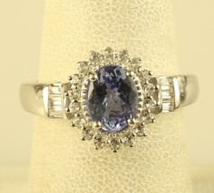 Vtg Sterling Silver Star Halo Tanzanite Oval Gem w/ CZ Baguette Accent Ring STS - £43.52 GBP