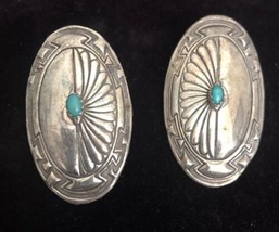 Vintage Native American - Concho Turquoise Oxidized Pattern Oval Earrings - £19.74 GBP