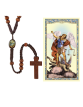 St. Michael Archangel Wood &amp; Cord Rosary &amp; St. Michael Prayer Card Catholic - £9.58 GBP