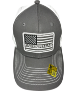 Caterpillar US Flag Patch Grey Twill White Mesh Snapback Trucker Hat NEW - $35.62