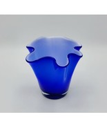 Vintage Cobalt Blue &amp; White 4&quot; x 4&quot; Glass Handkerchief/ Ruffle Edge Vase - £12.65 GBP