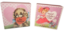 2 New Retro Vintage Valentine Shadowbox Signs Girl W/ Kitten Cat Puppy Dog - £19.74 GBP