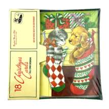 English Cards Vintage Christmas Cards Kitten Puppy in Stocking Set of 18 - £15.12 GBP