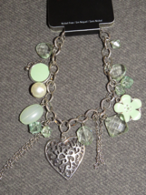 Brash Silver Tone Heart/Floral/Faux Pearl Charm Bracelet, 7 1/2&quot; - £17.37 GBP