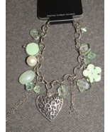 Brash Silver Tone Heart/Floral/Faux Pearl Charm Bracelet, 7 1/2&quot; - £16.43 GBP