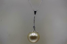 Fine 14K White Gold Cultured Golden Pearl Bar Pendant with Diamond Accent 4.6 gr - £452.29 GBP