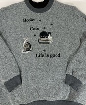 Bonworth Embroidered Cats Books Life Is Good Sweatshirt Double Collar M Cozy - £14.54 GBP
