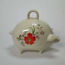Ceramic Piggy Bank Beige Pig Red Flower Top Handle 7 in long 4 in wide 6... - $19.90